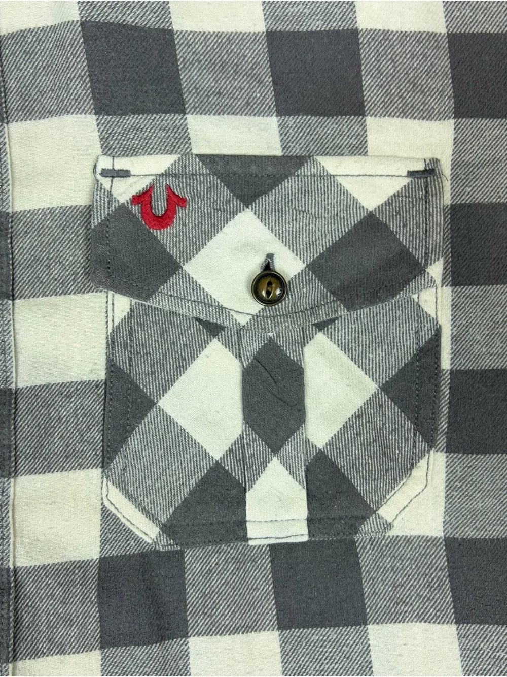True Religion Shirt Men's Gray and White Check Button Up Flap Pockets Logo